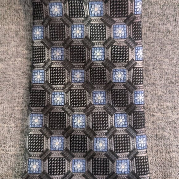 Bruno Piattelli Silk Tie, Blue/Grey/Black Geometric/Floral Pattern, 60.5" - Picture 2 of 4